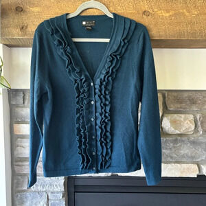 Carole Little sweater Womens M Blue Italian Merino Wool ruffle coquette flutter